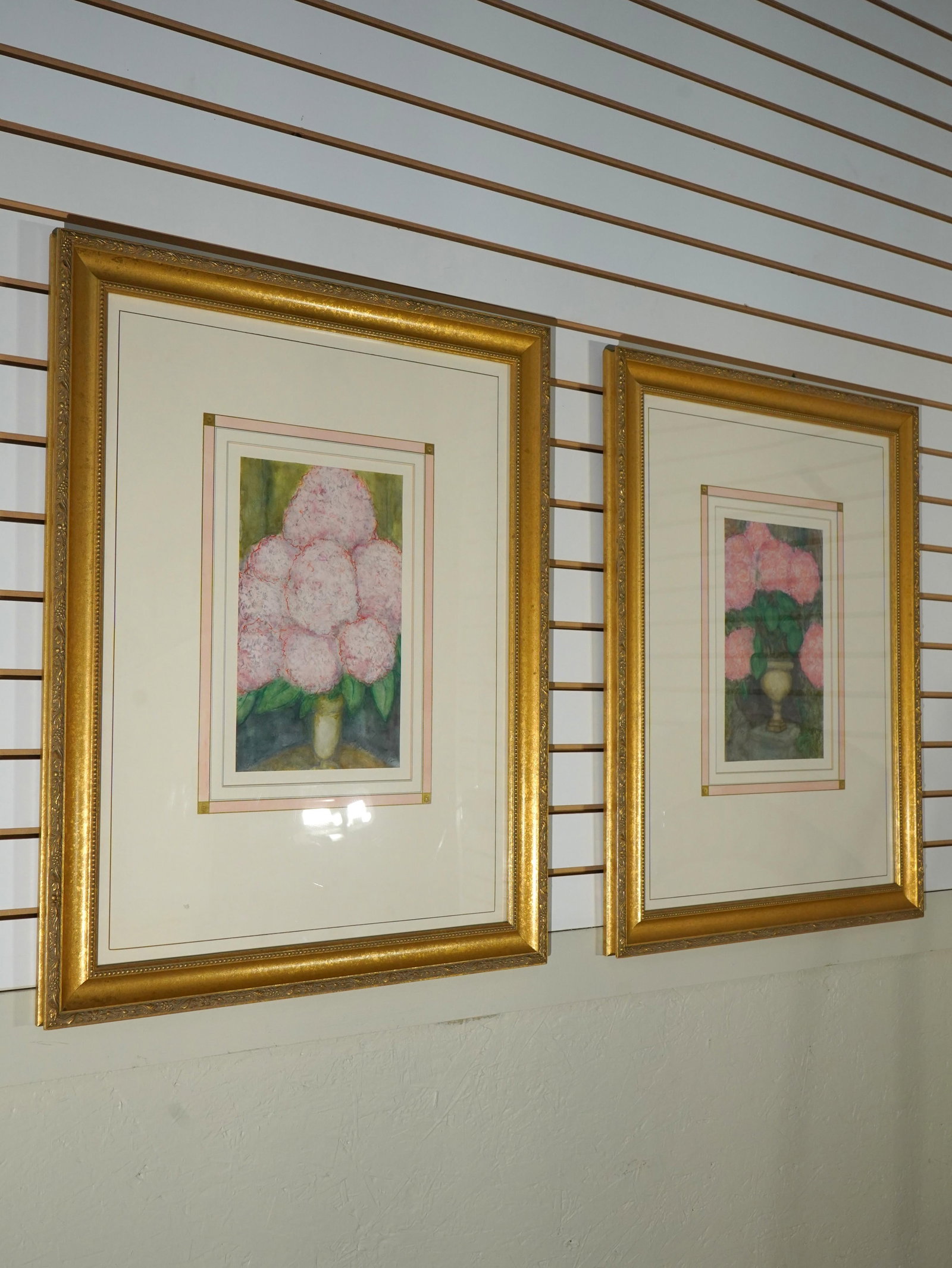 Pair of Pink Flowers Still Life Artwork - Signed - 2