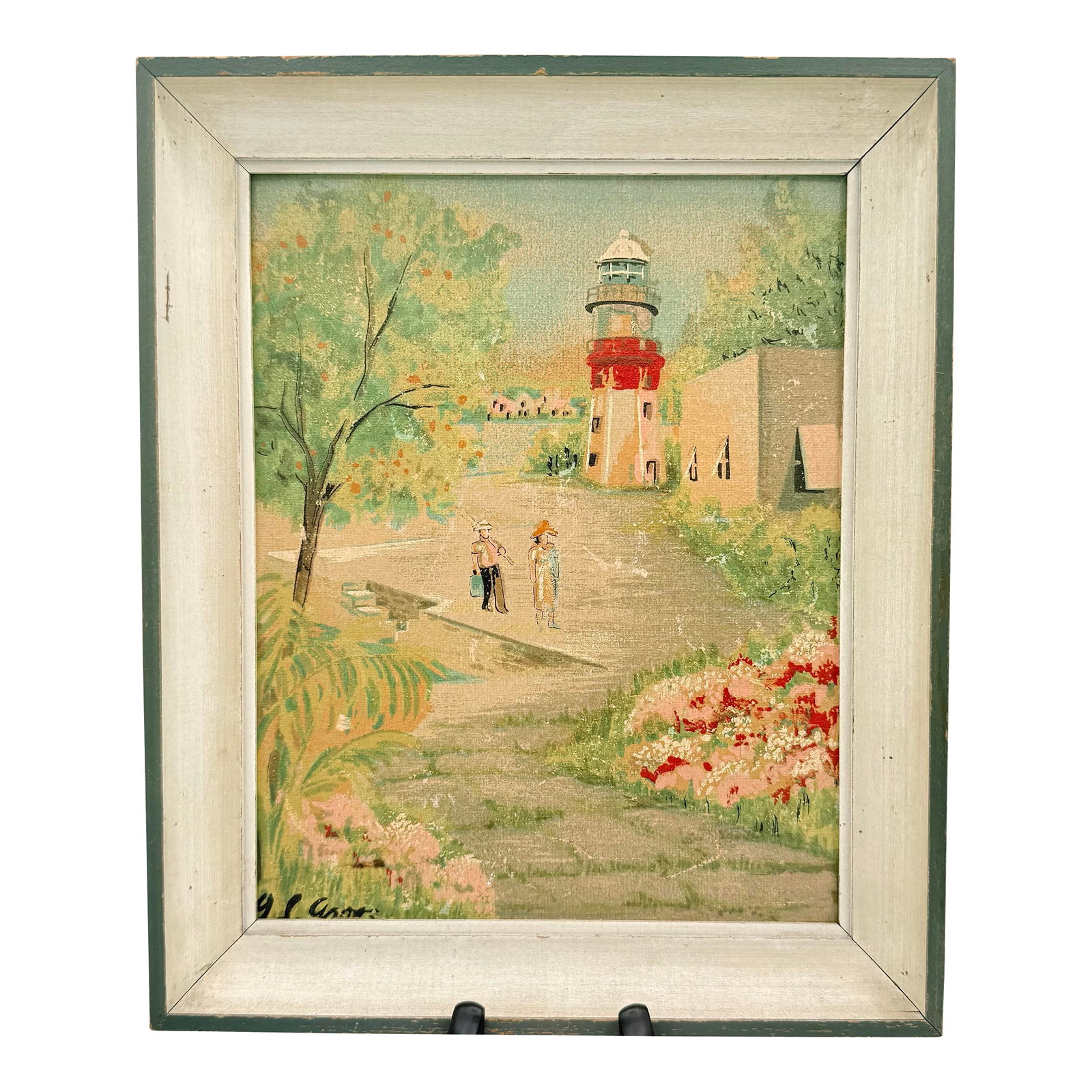 Midcentury Bermuda St. David's Lighthouse Signed Original Painting, Circa 1950s-60s: A tiny Bermuda landscape that feels like a souvenir from another era. This signed vintage painting depicts St. David's Lighthouse in Bermuda, its distinctive red-banded tower rising beyond a garden
