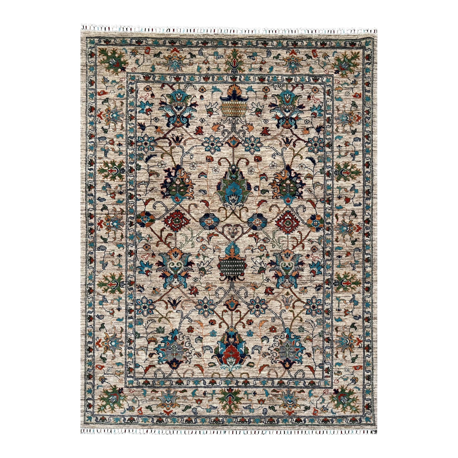Vase Design Area Rug, Hand-Knotted Wool, Floral, 6x8, Ivory & Turquoise: A hand-knotted area rug in the classical vase design, woven in Afghanistan on a soft ivory ground with turquoise, navy, forest green, rust, gold and grey. Hand-spun wool on a cotton foundation,