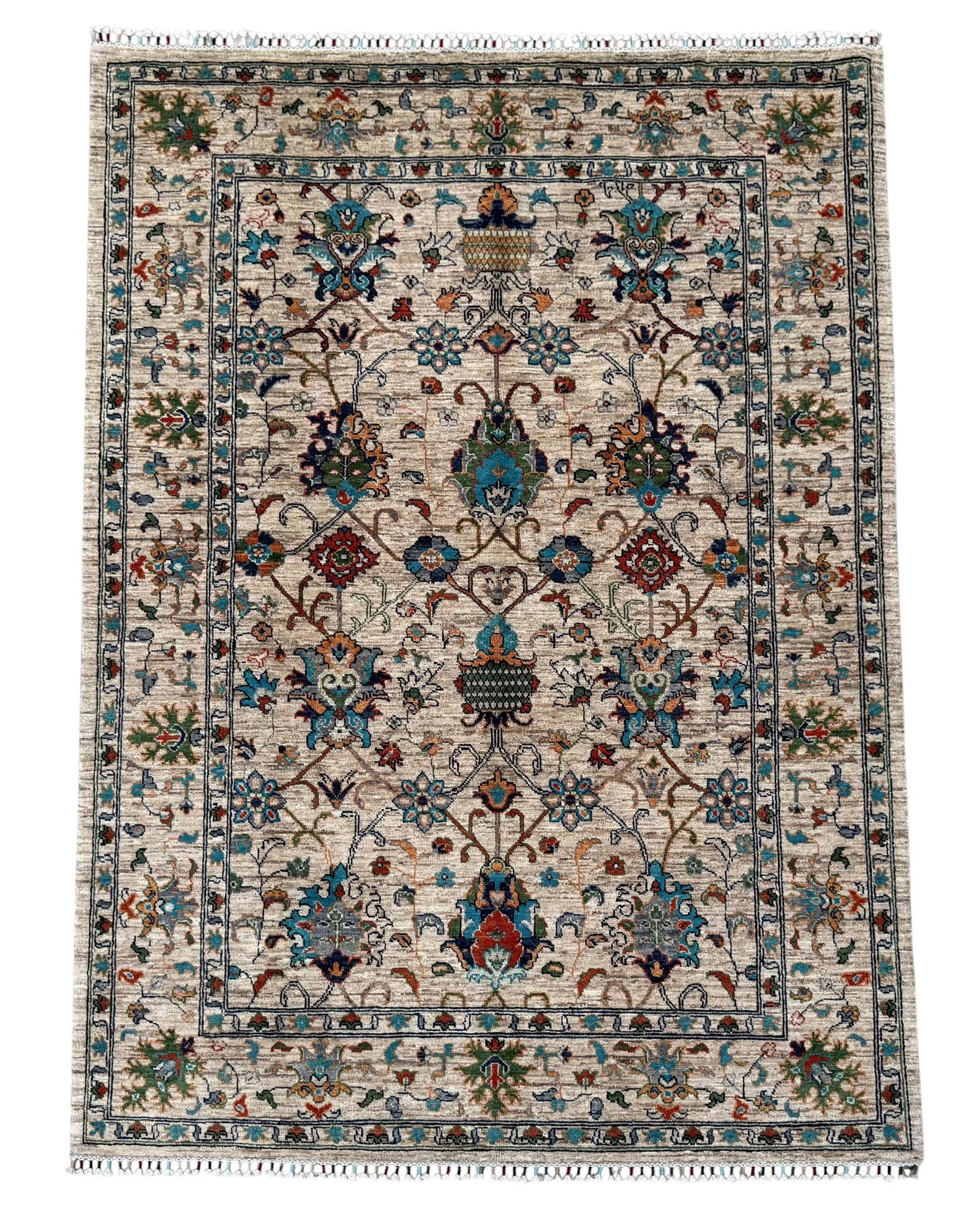 Vase Design Area Rug, Hand-Knotted Wool, Floral, 6x8, Ivory & Turquoise - 2