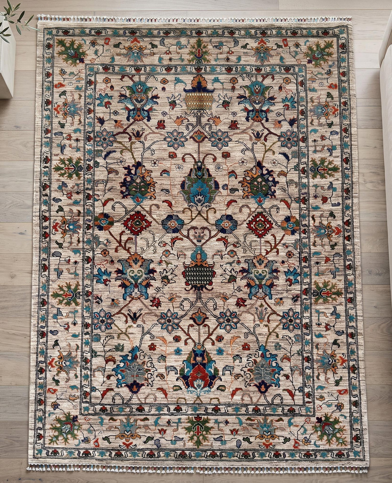 Vase Design Area Rug, Hand-Knotted Wool, Floral, 6x8, Ivory & Turquoise - 4