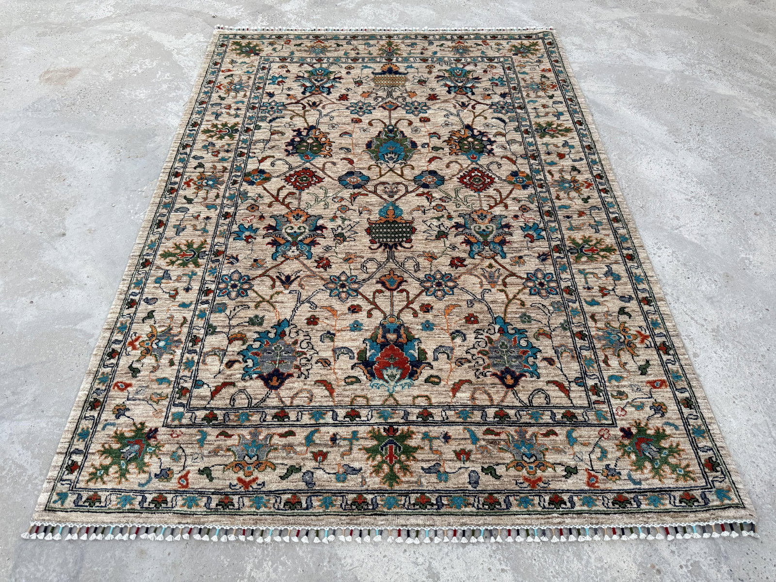 Vase Design Area Rug, Hand-Knotted Wool, Floral, 6x8, Ivory & Turquoise - 5