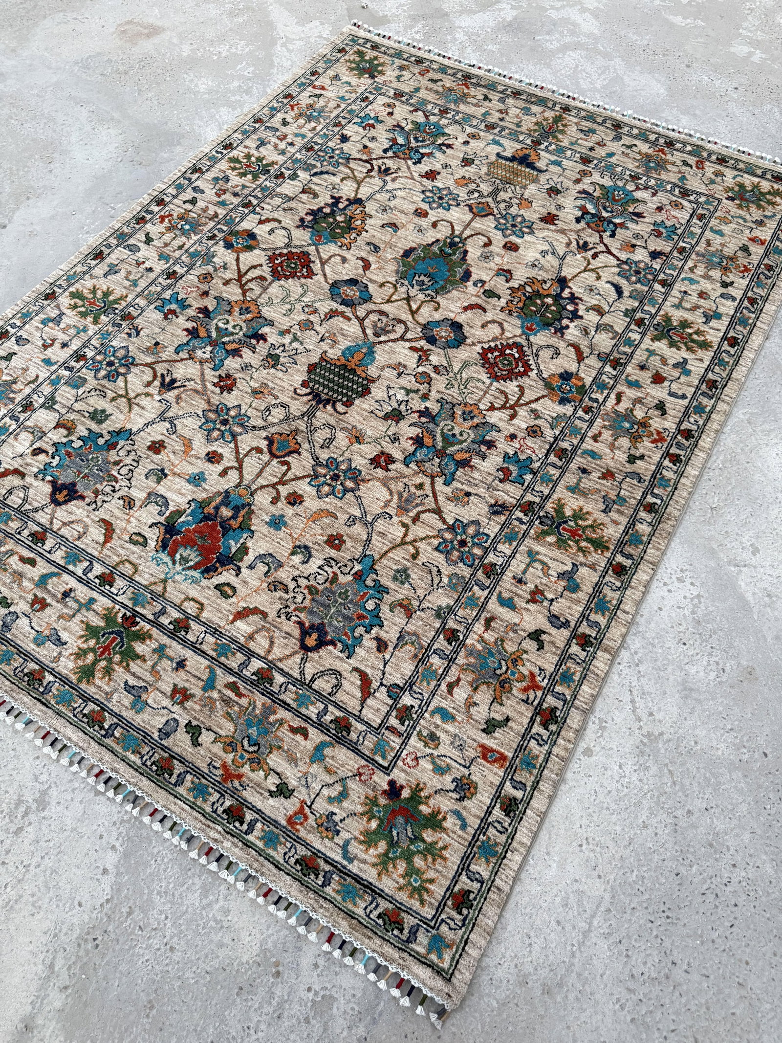 Vase Design Area Rug, Hand-Knotted Wool, Floral, 6x8, Ivory & Turquoise - 6