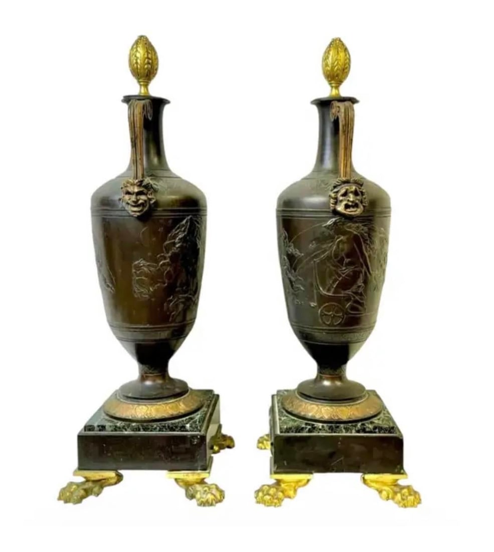 French Neoclassical Patinated Bronze and Marble Urn Vases, a Pair - 2