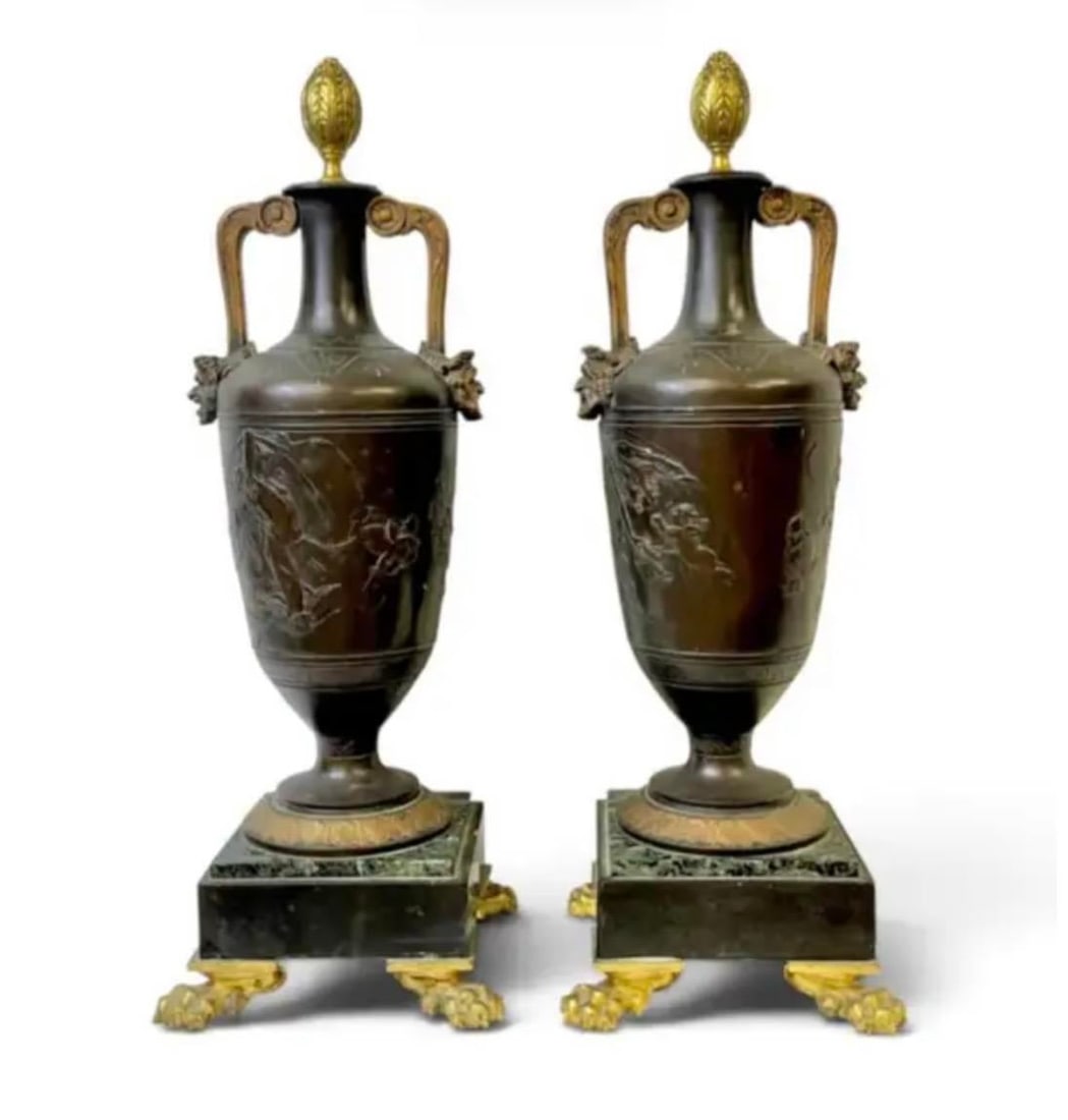 French Neoclassical Patinated Bronze and Marble Urn Vases, a Pair - 3