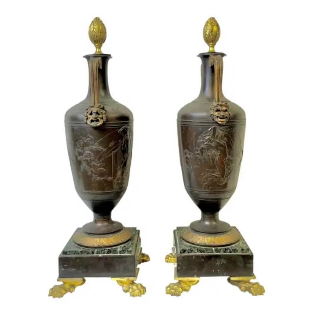 French Neoclassical Patinated Bronze and Marble Urn Vases, a Pair - 4