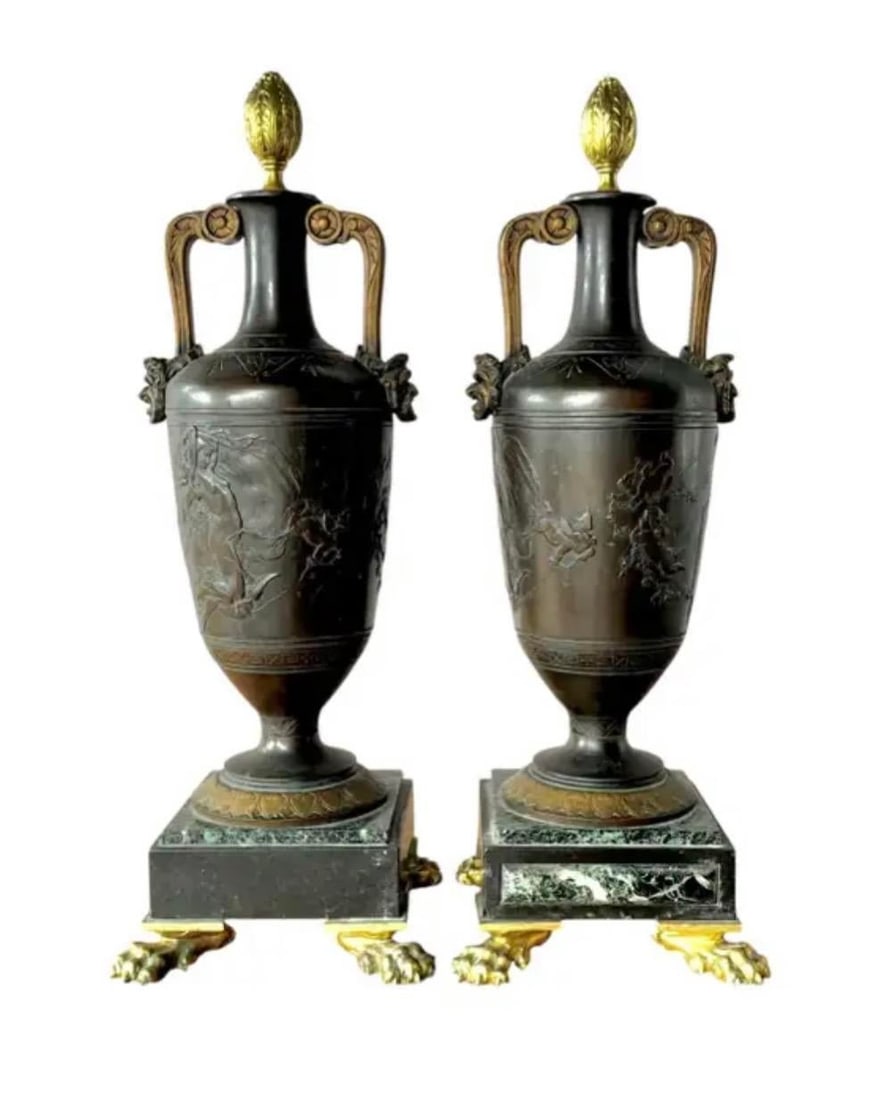French Neoclassical Patinated Bronze and Marble Urn Vases, a Pair - 5