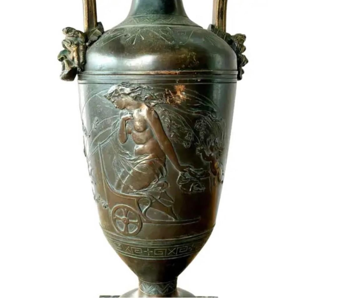 French Neoclassical Patinated Bronze and Marble Urn Vases, a Pair - 7