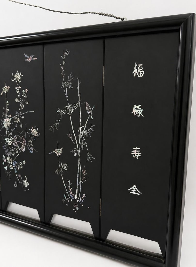 Framed Vintage Chinese Six-Panel Lacquer Mother-of-Pearl Four Seasons Screen - 2