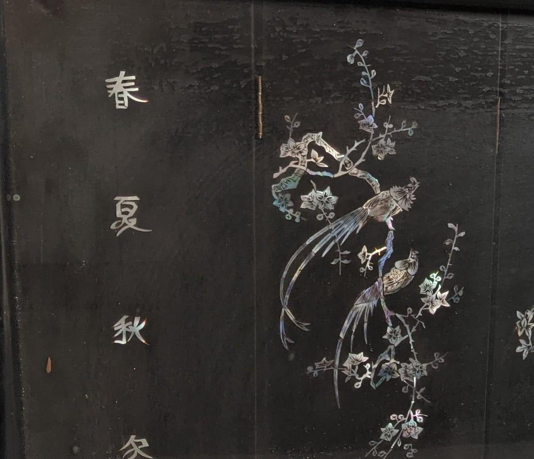 Framed Vintage Chinese Six-Panel Lacquer Mother-of-Pearl Four Seasons Screen - 6