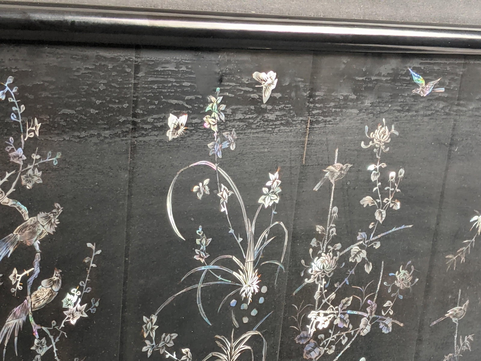 Framed Vintage Chinese Six-Panel Lacquer Mother-of-Pearl Four Seasons Screen - 8