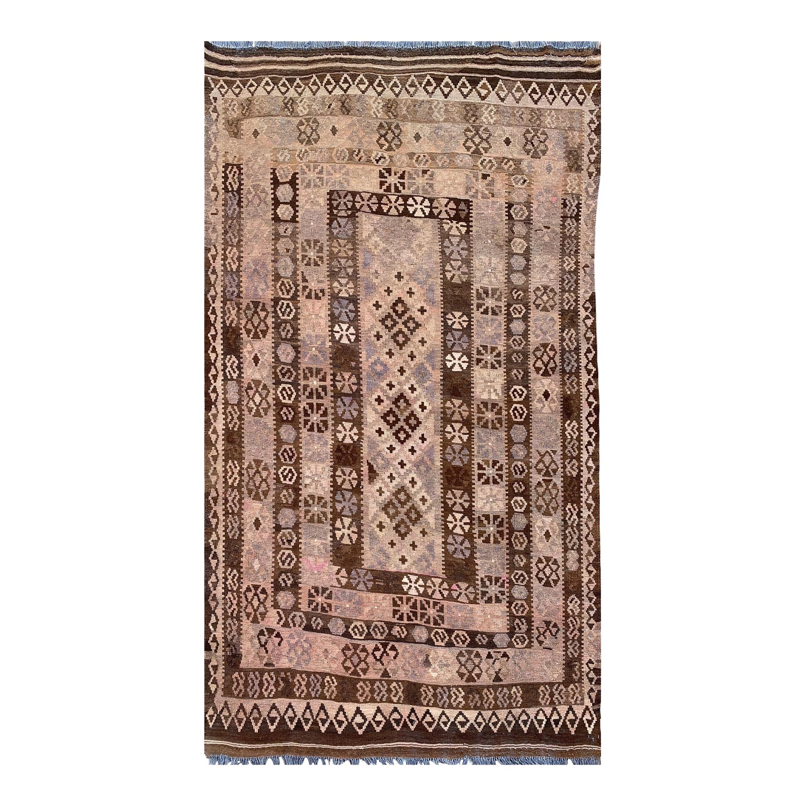Vintage Afghan Handwoven Sheep Wool Kilim Rug: Handwoven from sheep's wool, this vintage Afghan kilim carries the quiet beauty of a piece made slowly by skilled hands. Its design is composed of softly layered traditional motifs, with a central