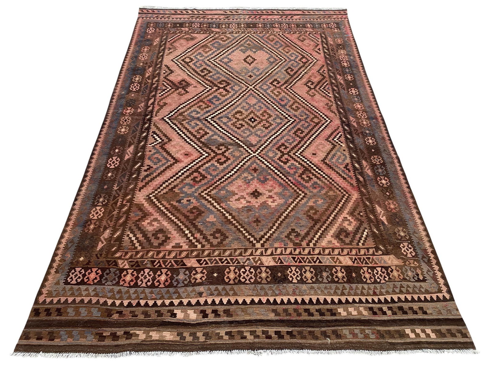 Vintage Maimana Kilim Area Rug, Handwoven Wool, 8x12, Rose & Slate - 2
