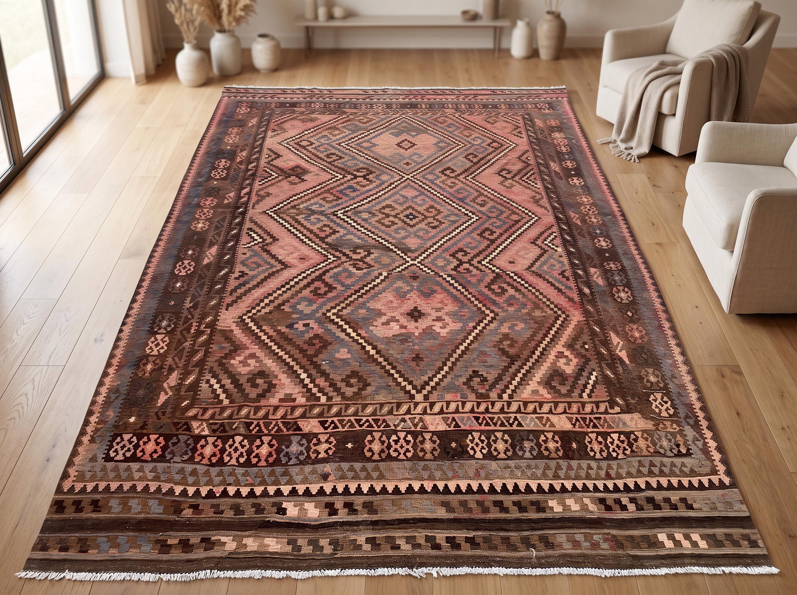 Vintage Maimana Kilim Area Rug, Handwoven Wool, 8x12, Rose & Slate - 3