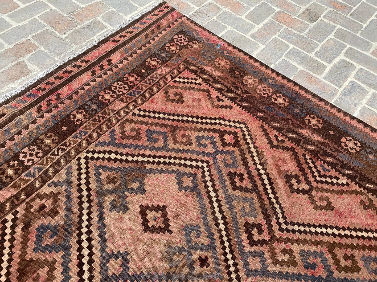 Vintage Maimana Kilim Area Rug, Handwoven Wool, 8x12, Rose & Slate - 6