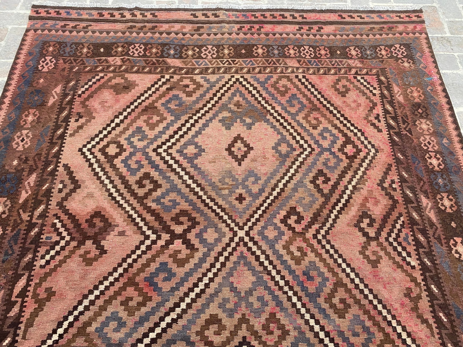 Vintage Maimana Kilim Area Rug, Handwoven Wool, 8x12, Rose & Slate - 7