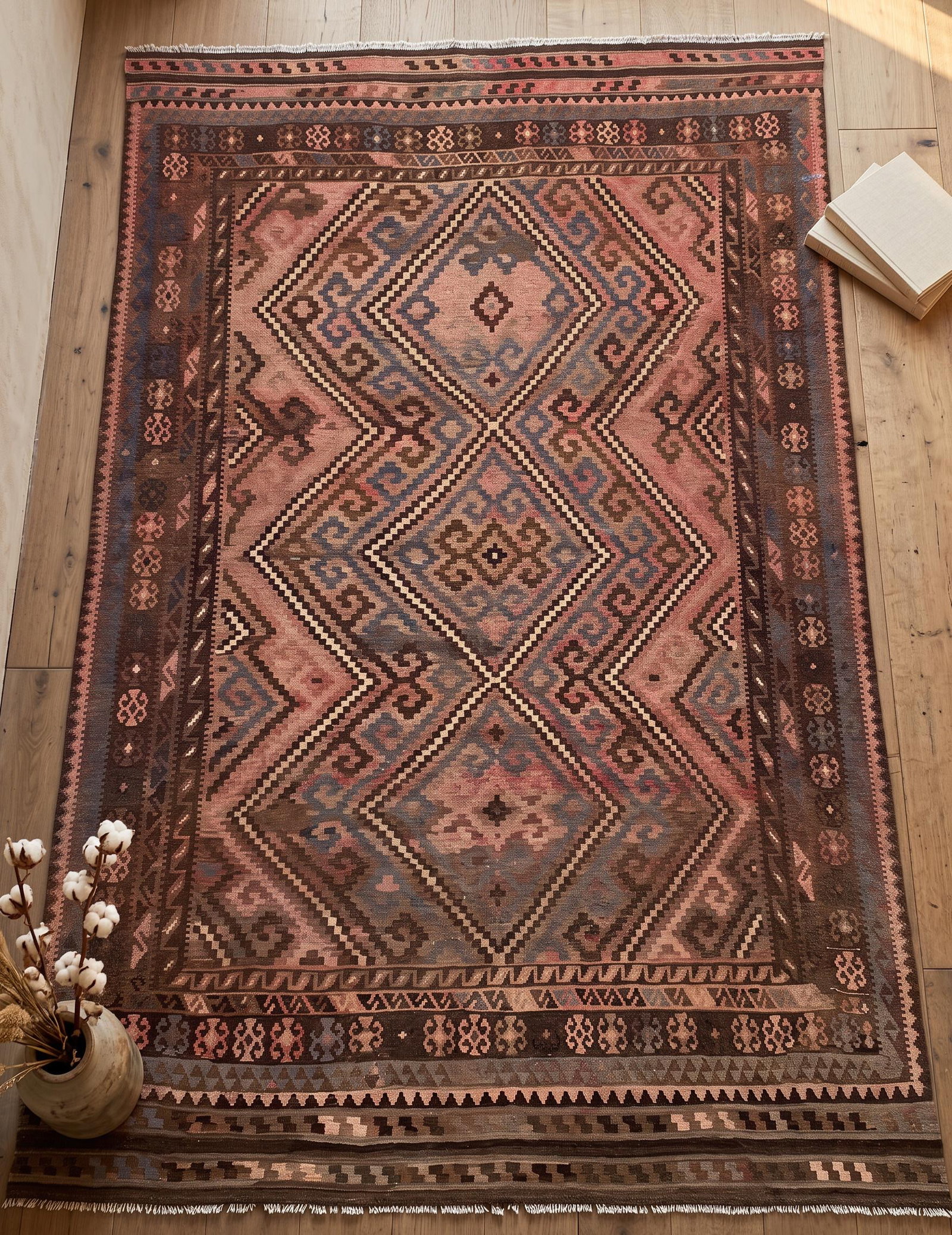Vintage Maimana Kilim Area Rug, Handwoven Wool, 8x12, Rose & Slate - 9
