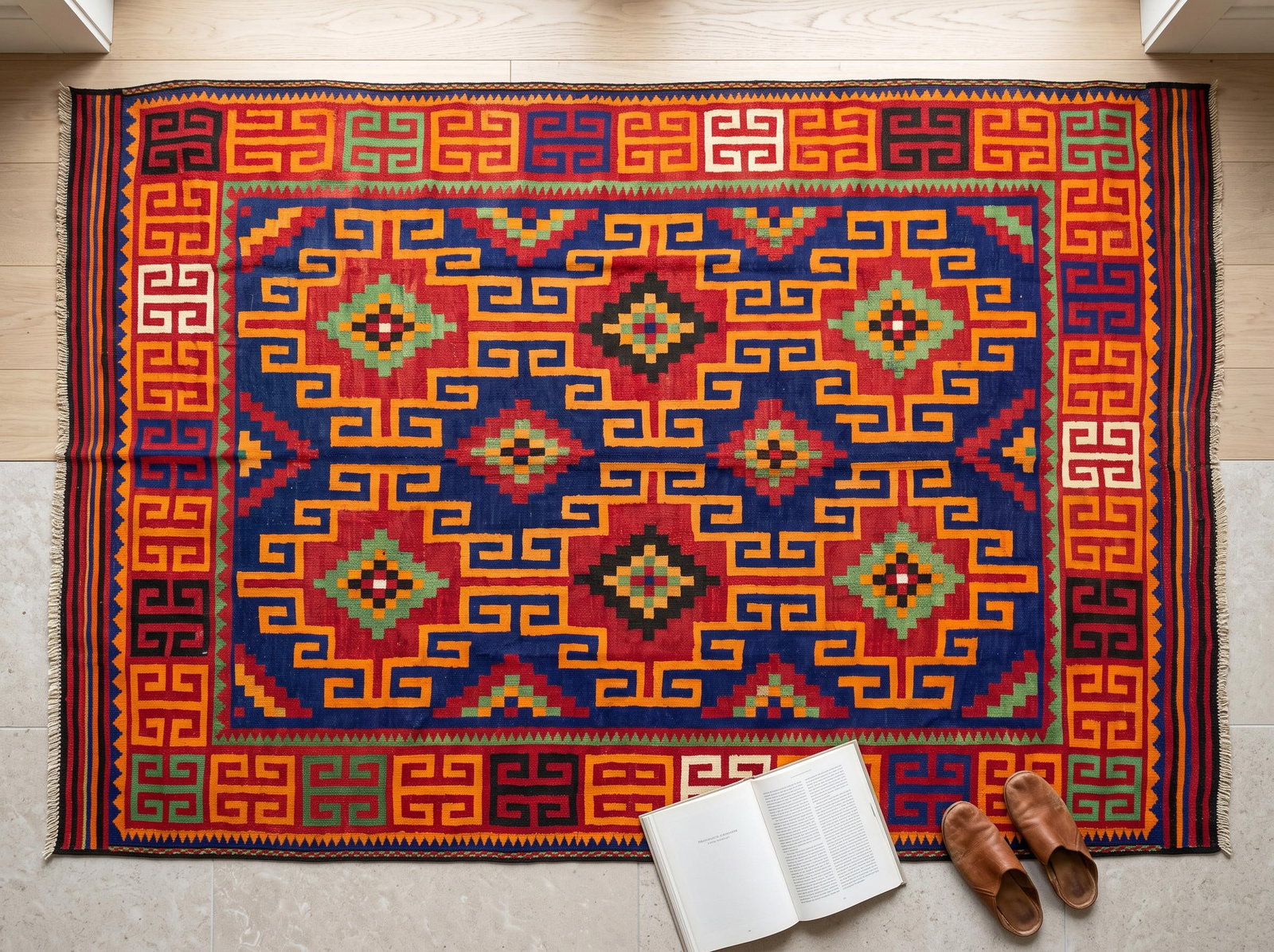 Maimana Kilim Area Rug, Handwoven Wool, 7x10, Indigo & Orange - 2