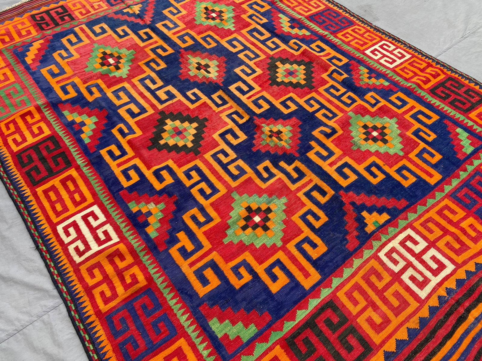 Maimana Kilim Area Rug, Handwoven Wool, 7x10, Indigo & Orange - 3