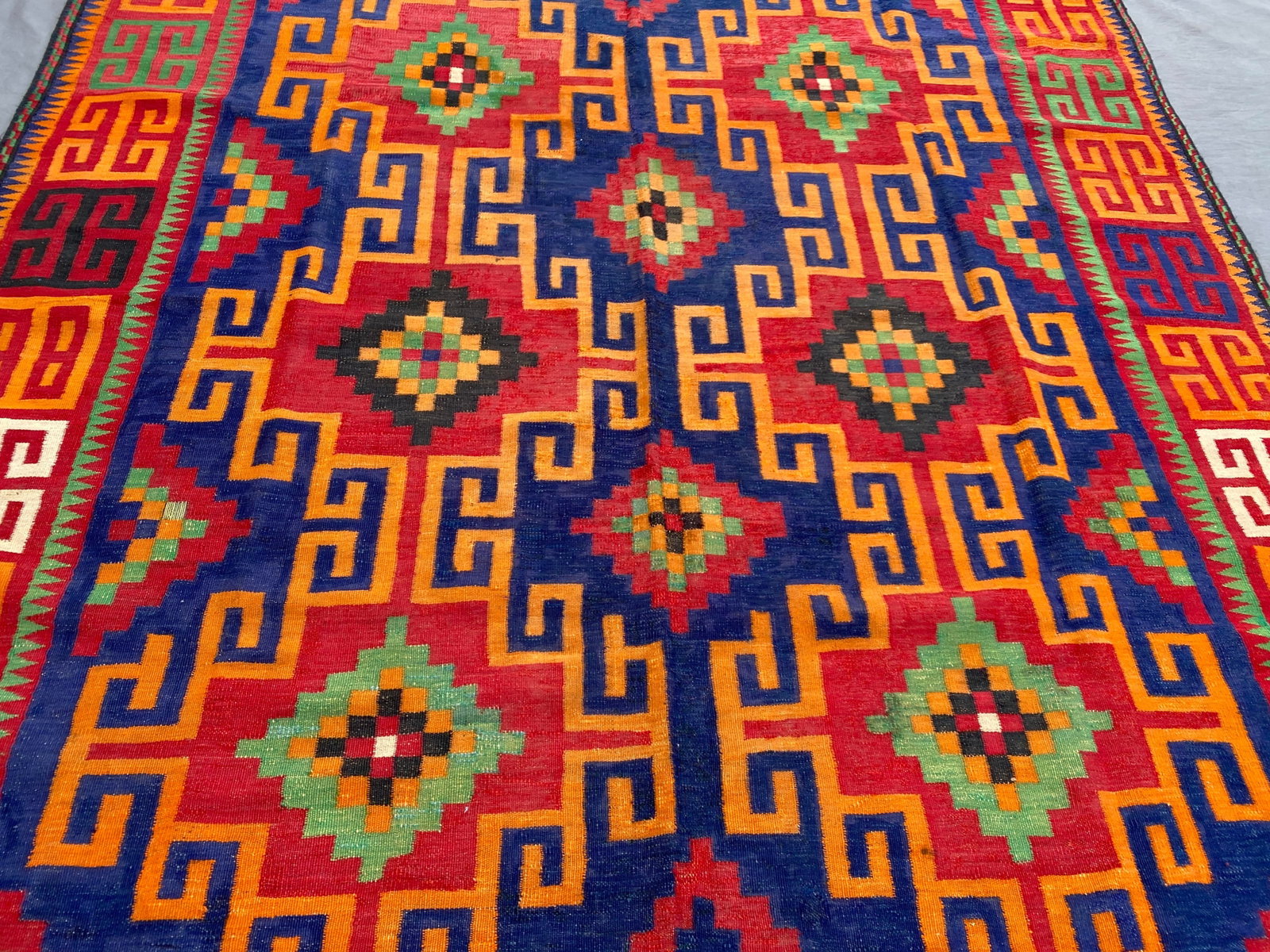 Maimana Kilim Area Rug, Handwoven Wool, 7x10, Indigo & Orange - 6