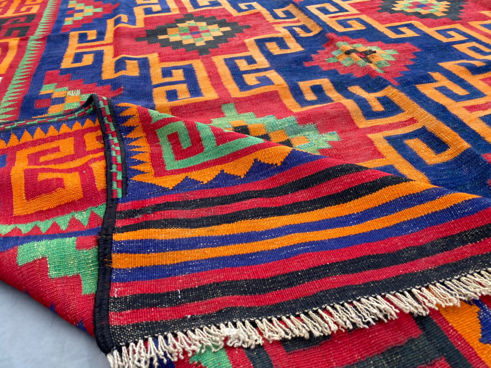 Maimana Kilim Area Rug, Handwoven Wool, 7x10, Indigo & Orange - 7