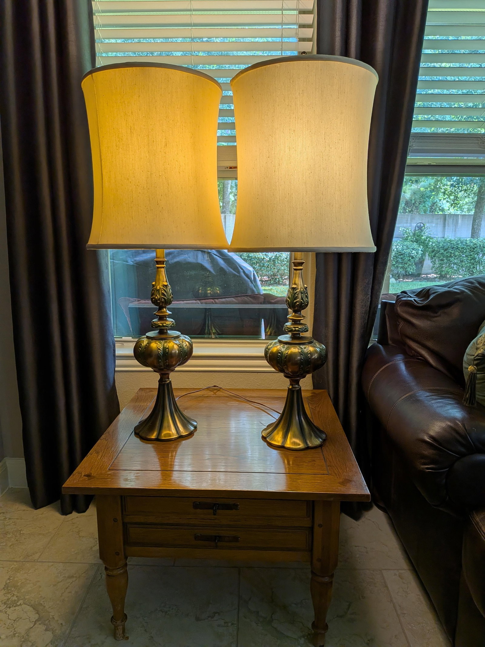 Mid 20th Century Hollywood Regency Rembrandt Brass Lamps With Original Shades - A Pair - 8