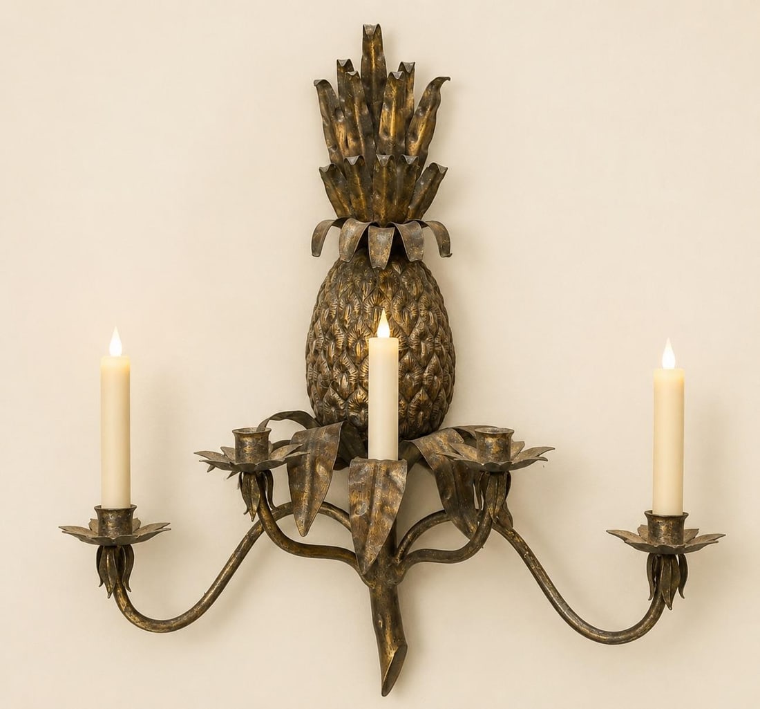Vintage Italian Tole Iron Pineapple Four-Light Wall Sconce With Copper-Tone Finish - 2