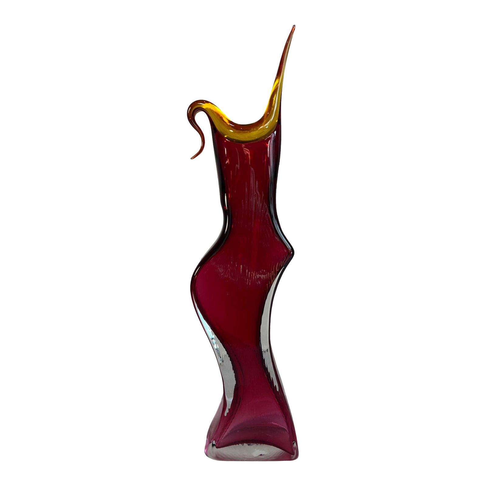20 In. Tall Signed Young & Constantin Ruby Art Glass Hourglass Pulled Lip Vase: Hand-blown in the 1980s and signed by American studio glass artists Kathy Young and Chris Constantin of North River Glass Studio, this sculptural 20-inch vase presents a tall, narrow profile in