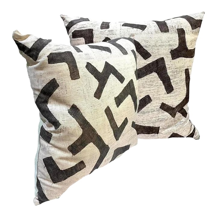 Kuba Cloth Ecru Figures Pattern Pillows by St George - Down Fill - Pair (1 of 9)