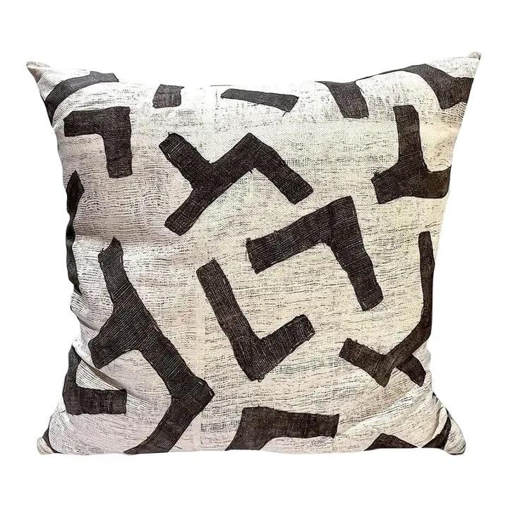 Kuba Cloth Ecru Figures Pattern Pillows by St George - Down Fill - Pair - 2