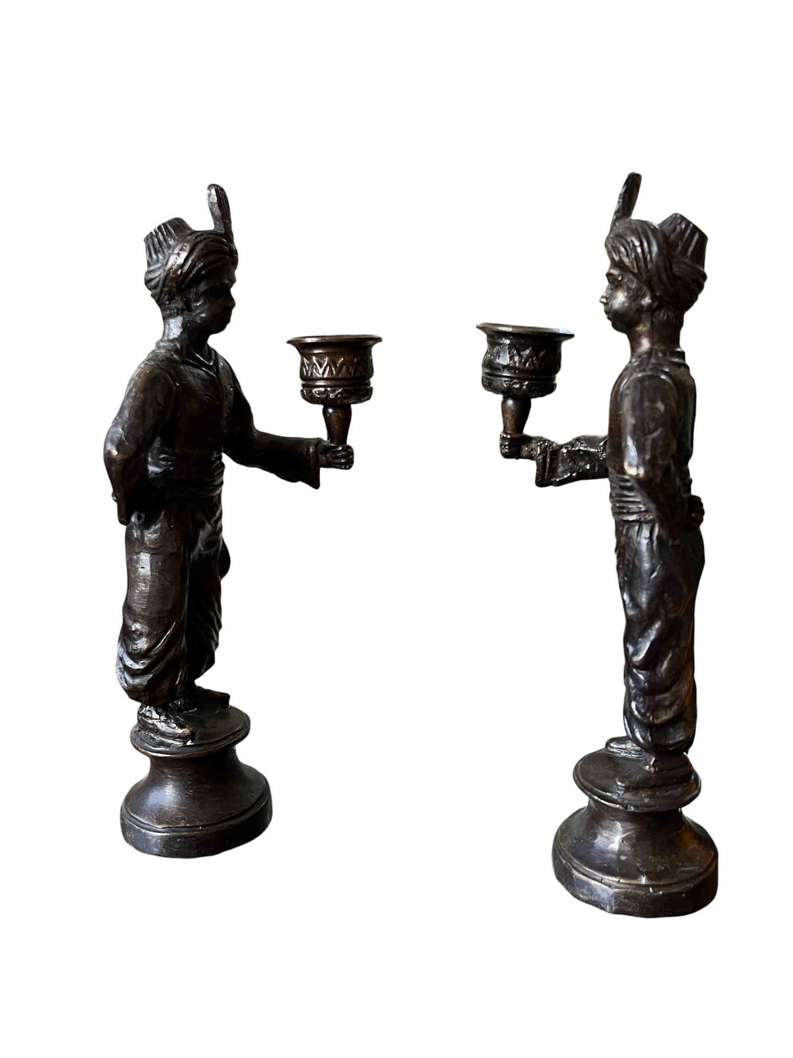 Vintage Maitland-Smith Attributed Bronze Turbaned Attendant Figural Candlesticks Manner of Tony Duqu - 4