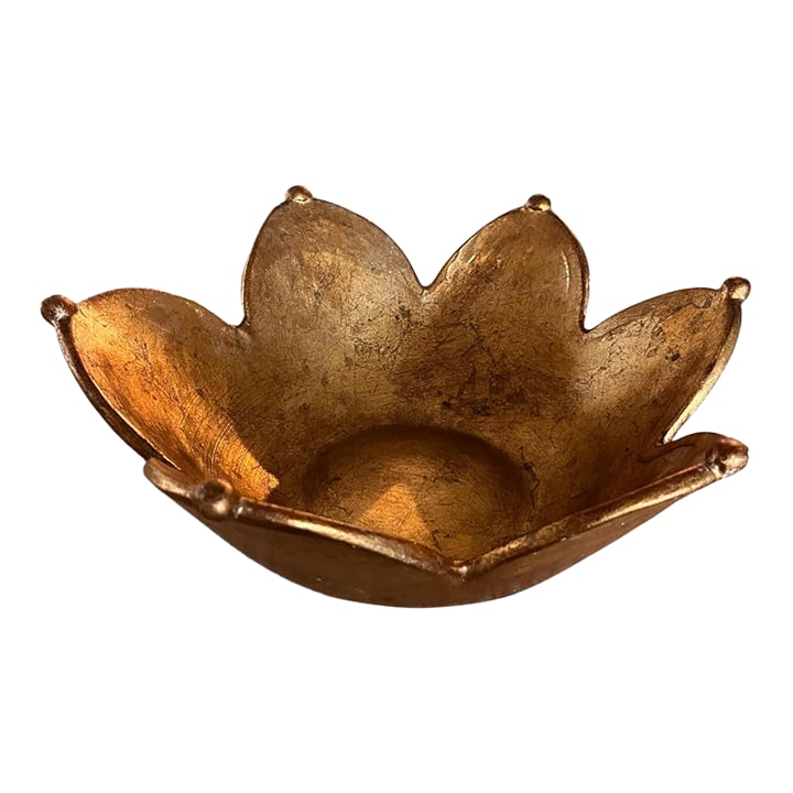 Vintage Horchow Italian Gilt Sculptural Flower Bowl.: A striking vintage decorative bowl from Horchow, handcrafted in Italy and retaining its original "Horchow - Made in Italy" label. Designed as an open six-petal blossom, the bowl features gracefully cu