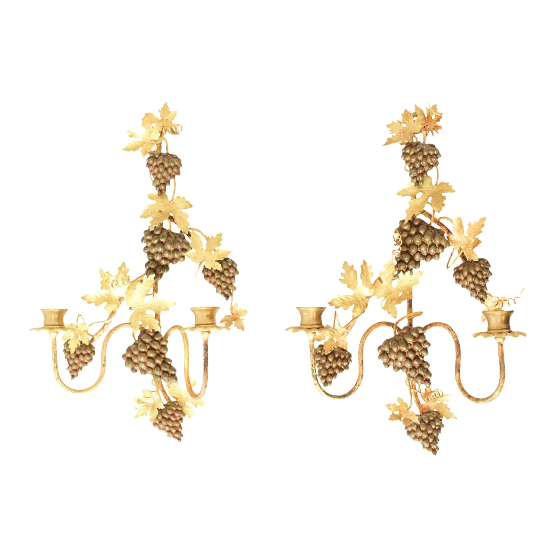 Petites Choses Gilt Brass Grape Leaf Wall Scones Candle Holders- A Pair: High Quality Pair of Cast Brass Wall Candle Scones, Gilded Finish Condition: Alterations: Original Condition Unaltered Imperfections: Some Imperfections Condition Notes: Clean Vintage Condition.
