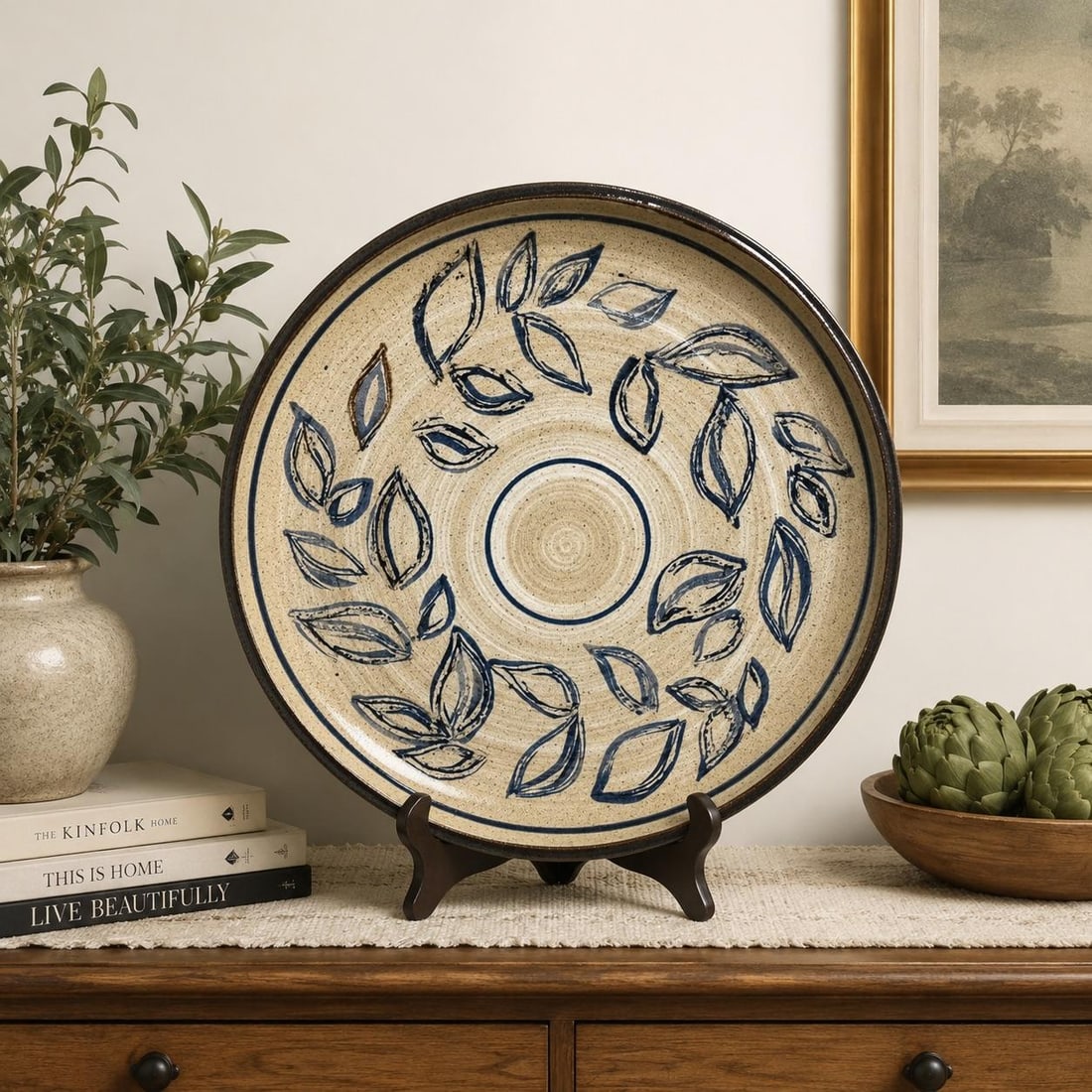 Robin & Bet Mangum Signed 1980 North Carolina Studio Pottery 21" Botanical Platter - 5