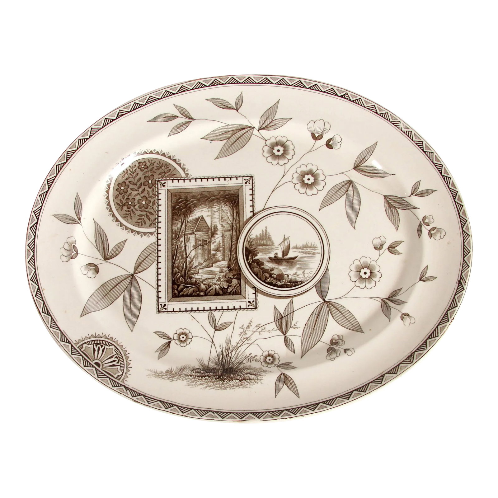 Antique 19th C. Victorian Aesthetic Serving Platter by James Beech in Perak Pattern: Fantastic antique late 19th century James Beech brown transferware serving platter in their rare Perak pattern! Wonderful Victorian Aesthetic design, with beautifully decorated panels and flora