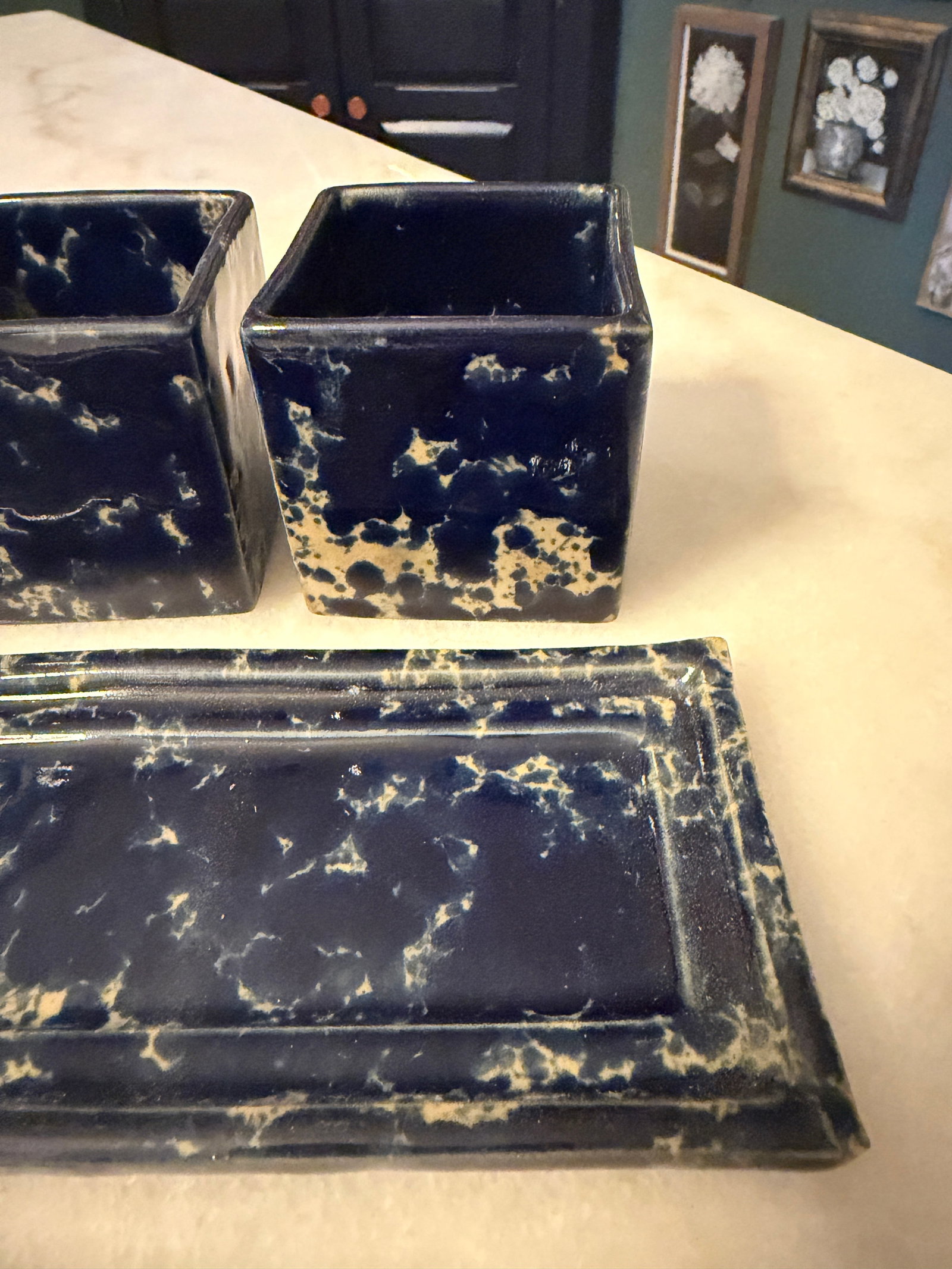 1960s Mid-Century Modern Bennington Potters Blue Agate Square Condiment Set by David Gil - 5