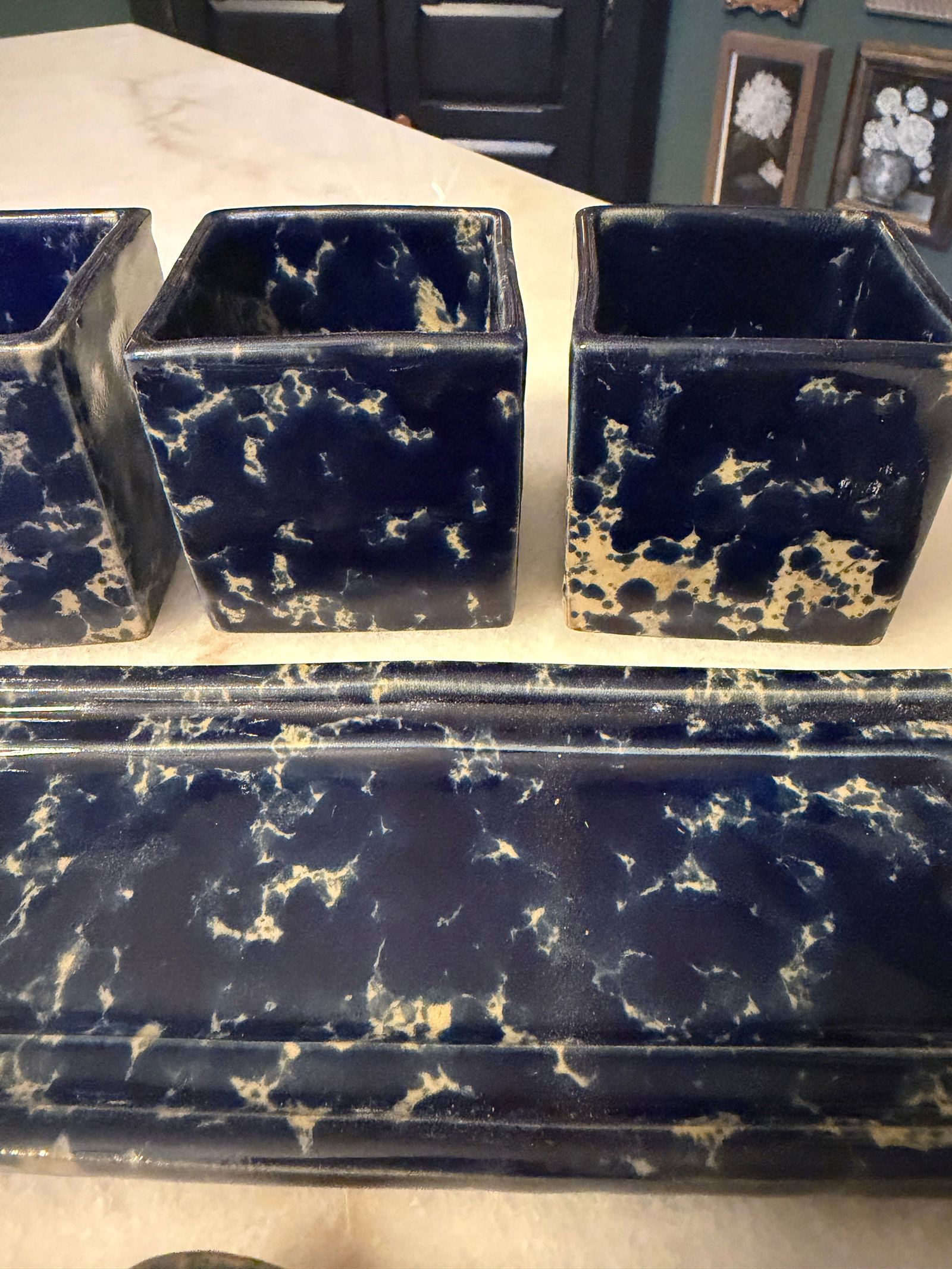 1960s Mid-Century Modern Bennington Potters Blue Agate Square Condiment Set by David Gil - 8