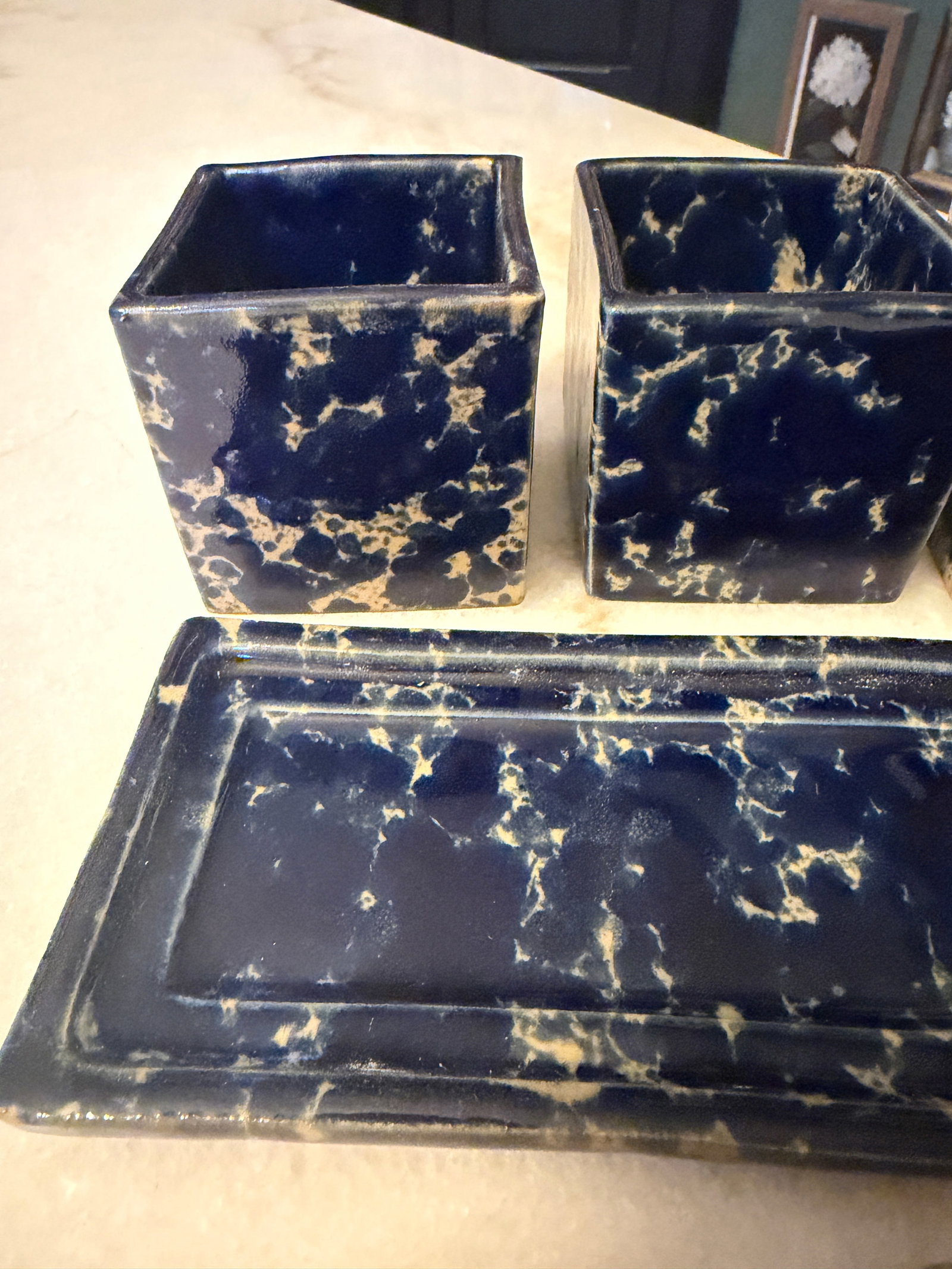 1960s Mid-Century Modern Bennington Potters Blue Agate Square Condiment Set by David Gil - 9