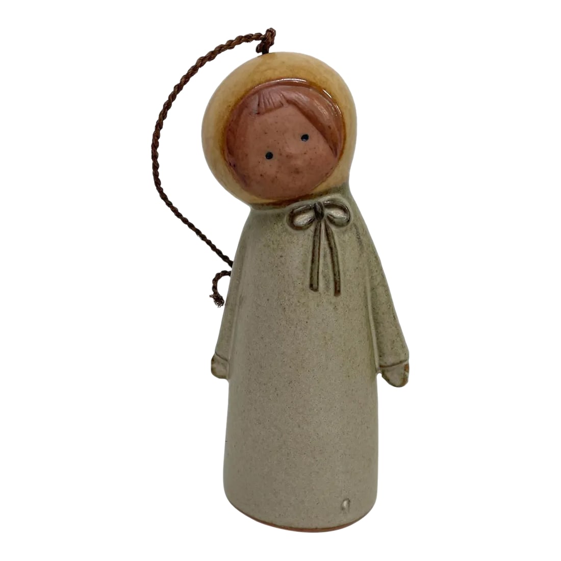 Mid-Century Modern Scandinavian Hanging Doll Bell Hand Crafted Art Pottery: For your consideration, a vintage doll shaped Scandinavian bell handmade art pottery unmarked. Dimensions: 13.5" H with rope 7.5" H without rope x 3" W x 2.5" D. Please visit take a look at our