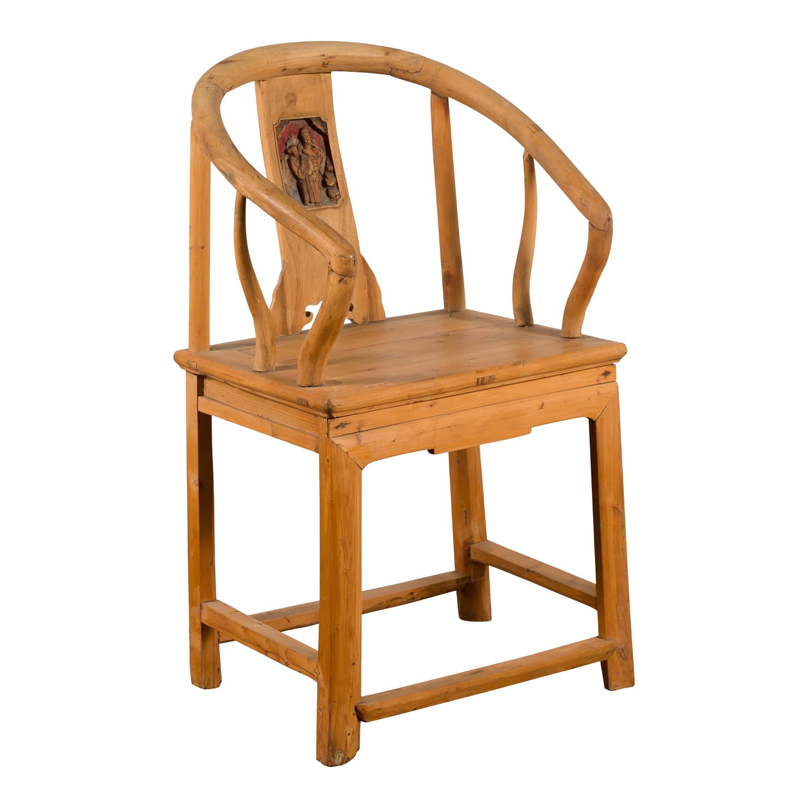 Chinese Qing Dynasty 19th Century Elmwood Chair with Character Carved Medallion: A Chinese Qing Dynasty period elmwood horseshoe back chair from the 19th century, with hand-carved medallion and natural patina. Created in China during the Qing Dynasty, this elmwood chair features a