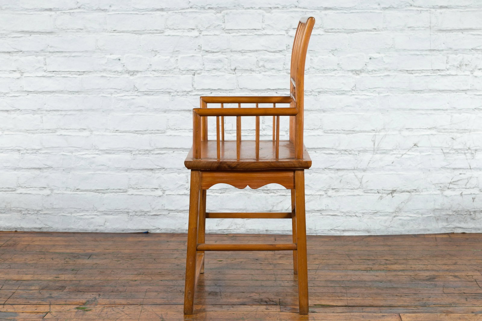 19th Century Chinese Qing Dynasty Period Elmwood Armchair with Hand-Carved Apron - 8