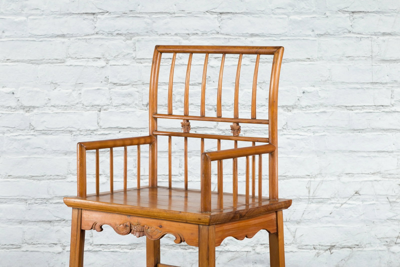 19th Century Chinese Qing Dynasty Period Elmwood Armchair with Hand-Carved Apron - 9