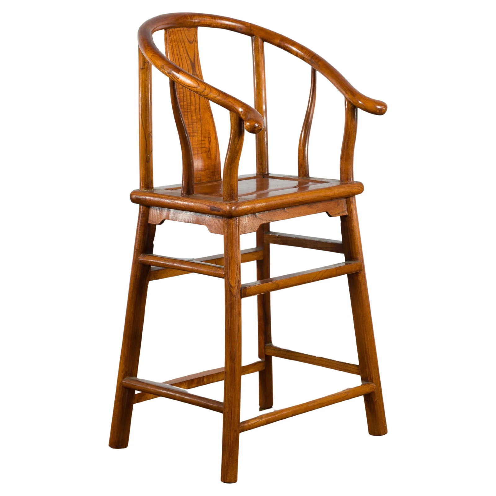 Small Vintage Chinese Horseshoe Back Chair with Wooden Seat and Side Stretchers - 2