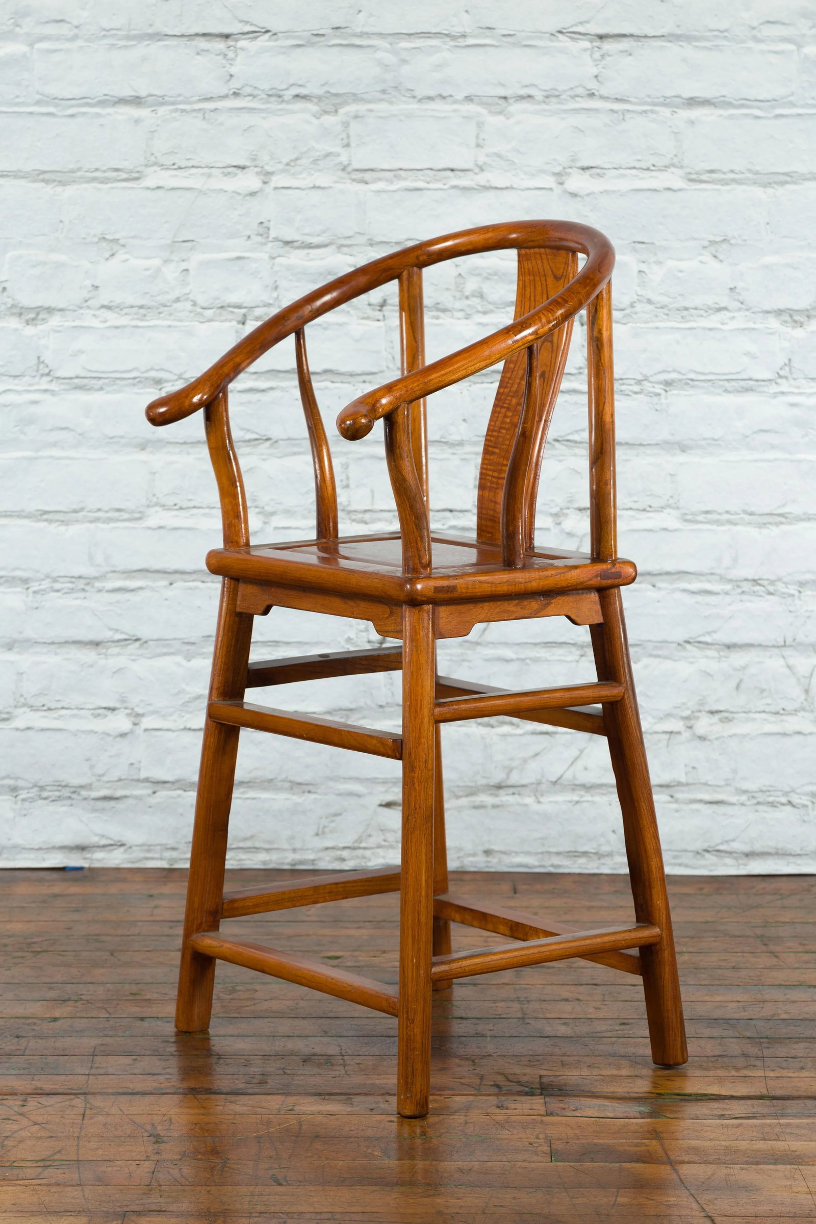 Small Vintage Chinese Horseshoe Back Chair with Wooden Seat and Side Stretchers - 3