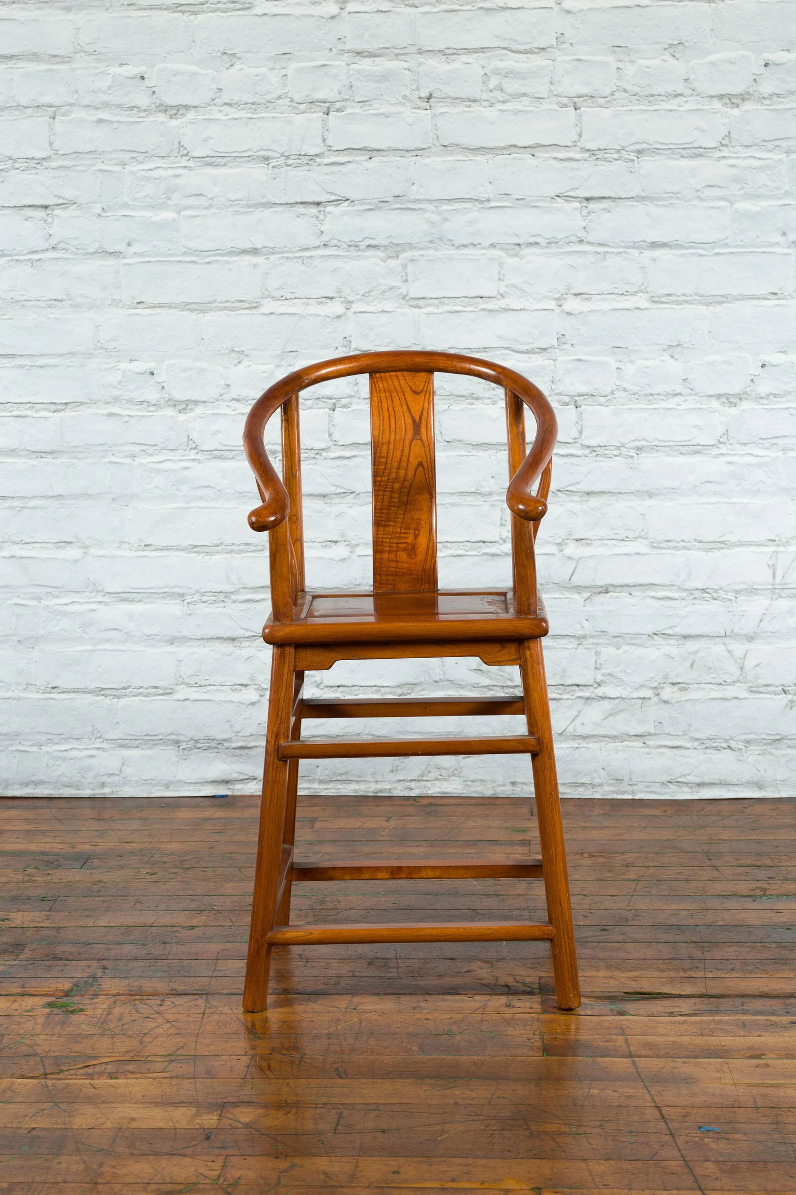 Small Vintage Chinese Horseshoe Back Chair with Wooden Seat and Side Stretchers - 5