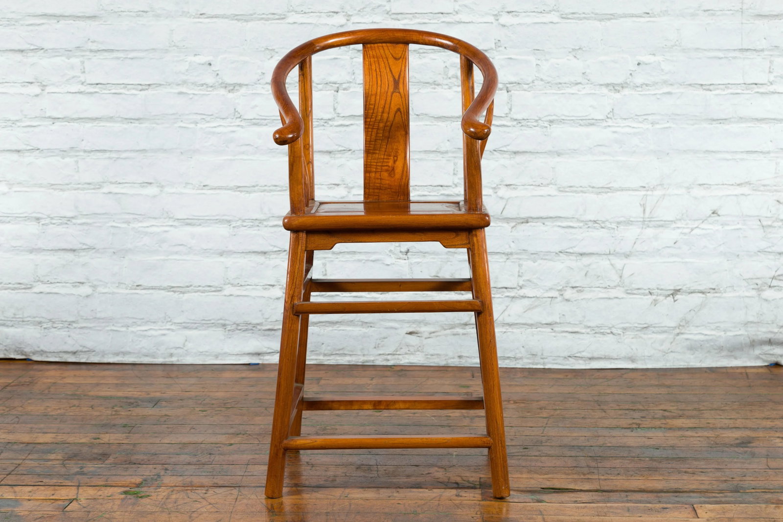 Small Vintage Chinese Horseshoe Back Chair with Wooden Seat and Side Stretchers - 6