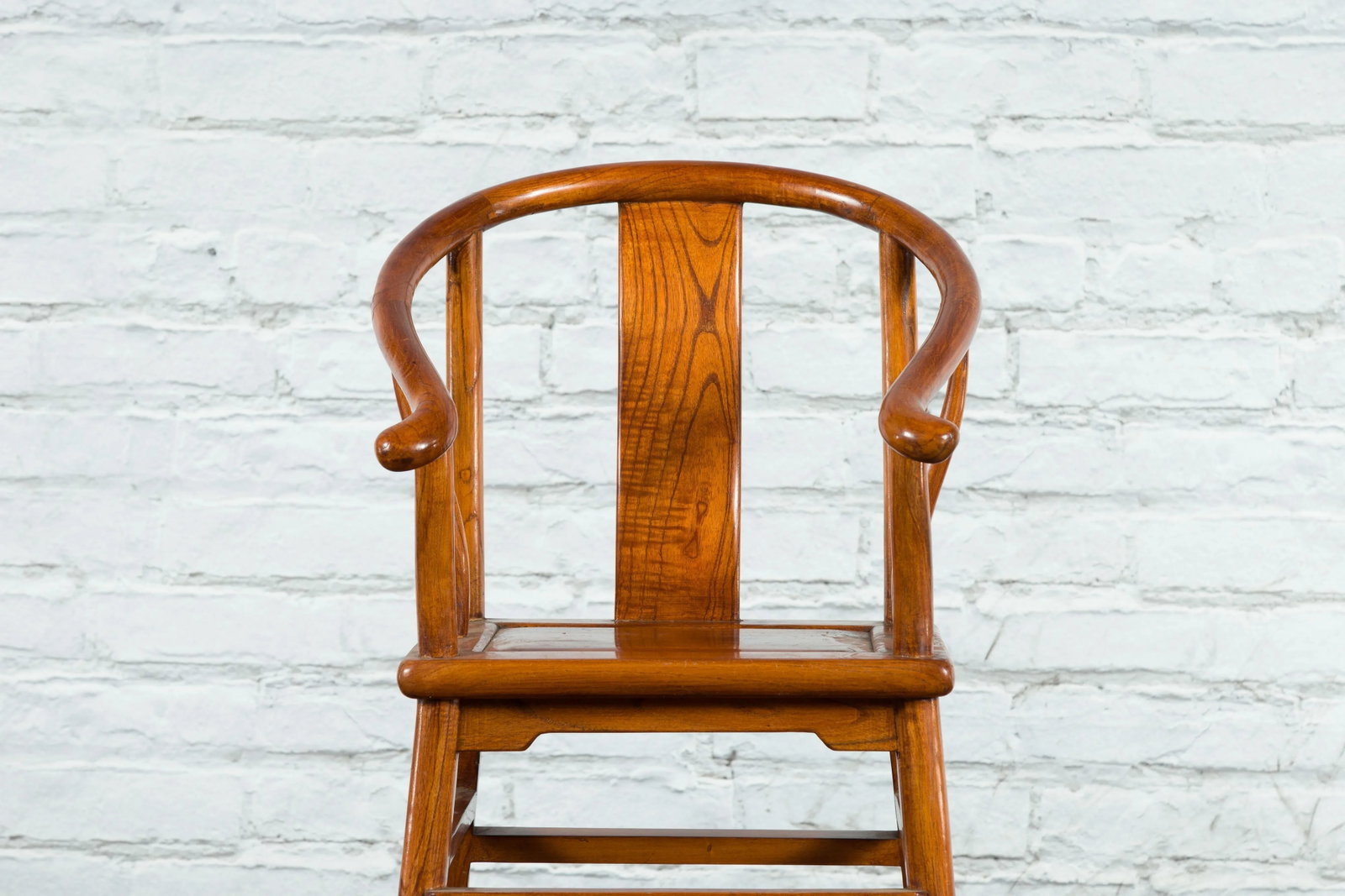 Small Vintage Chinese Horseshoe Back Chair with Wooden Seat and Side Stretchers - 7