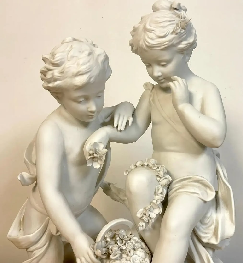 Mid 20th Century Ssqrt(R)vres Style Biscuit Grouping of Children With Flowers in Landscape - 2