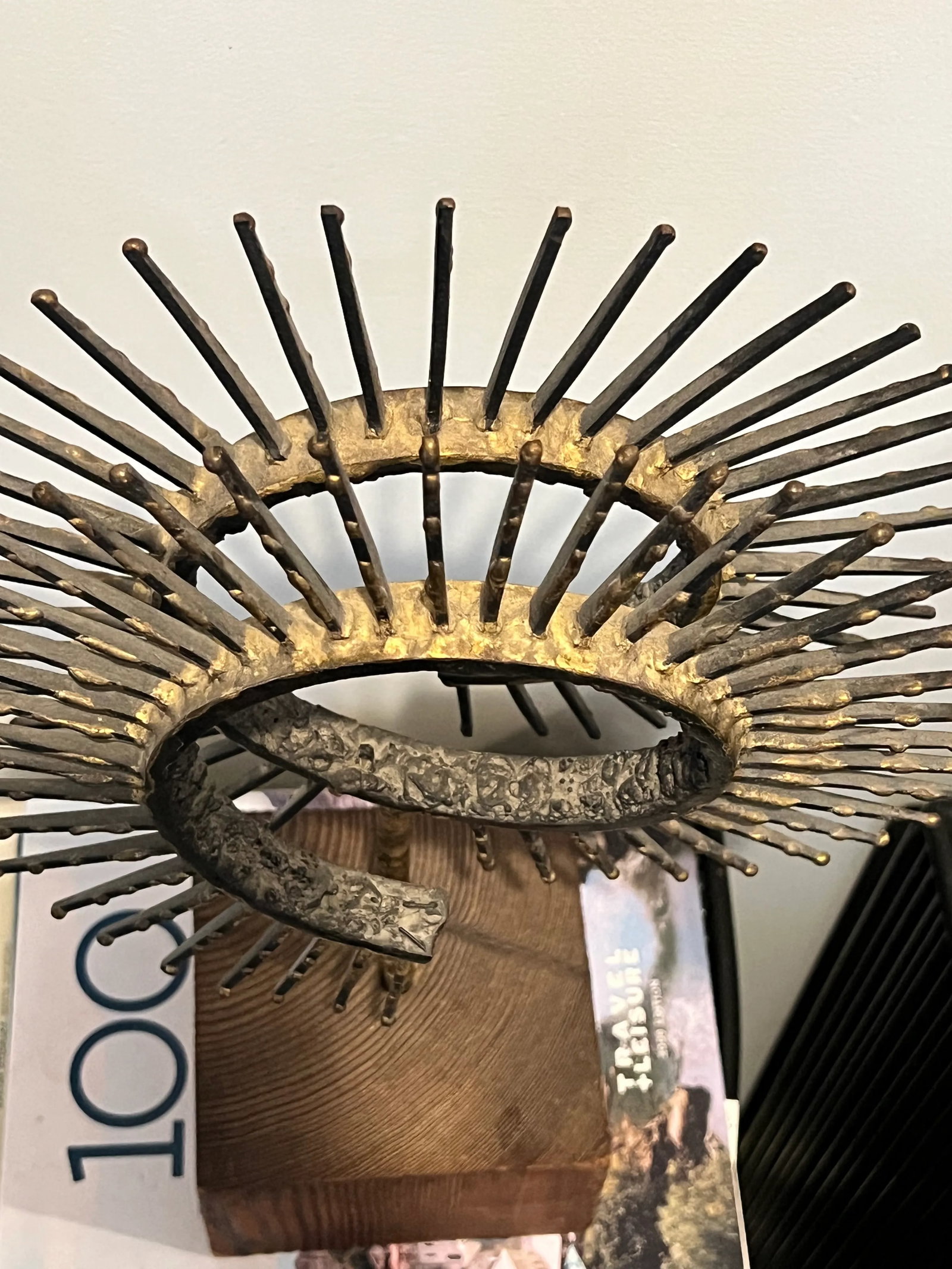 Mid-Century Brutalist Metal Sculpture - Geometric Spirals on Wood Base - 4