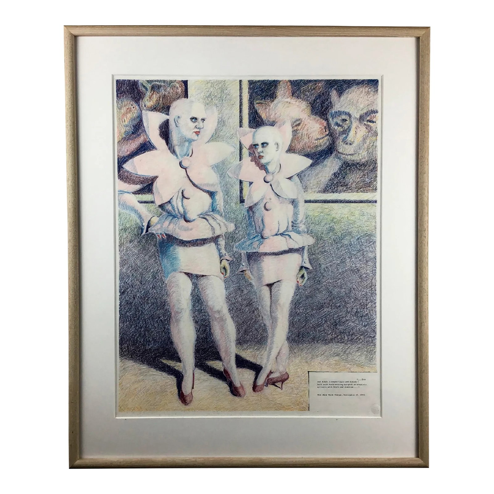 Original Pastel Painting of Eva & Adele New York Times 1993: Self-styled "hermaphrodite twins from the future," Eva & Adele have turned their life and partnership into a work of art. The pair, who-having supposedly returned in a spaceship from the future upon